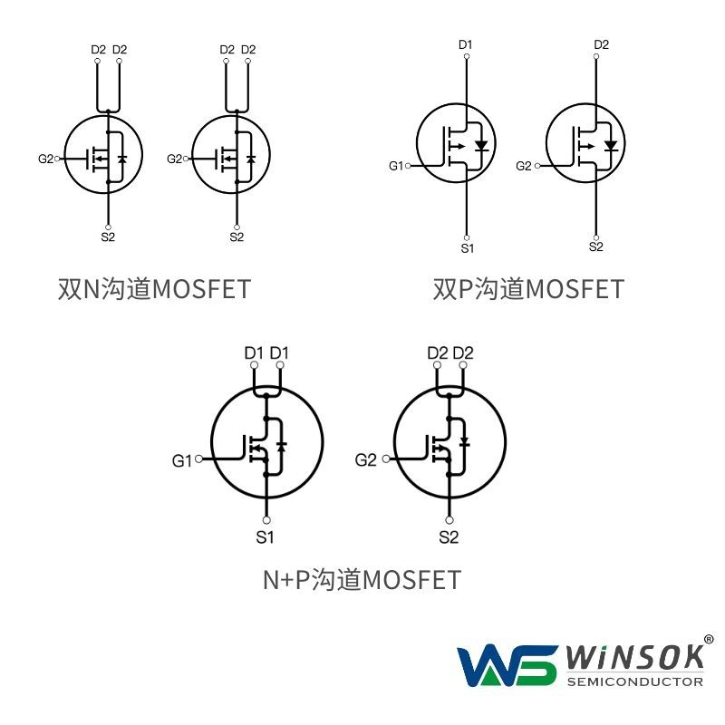 Dubbele N-kanaal MOSFET, dubbele P-kanaal MOSFET en N+P-kanaal MOSFET circuitsymbolen