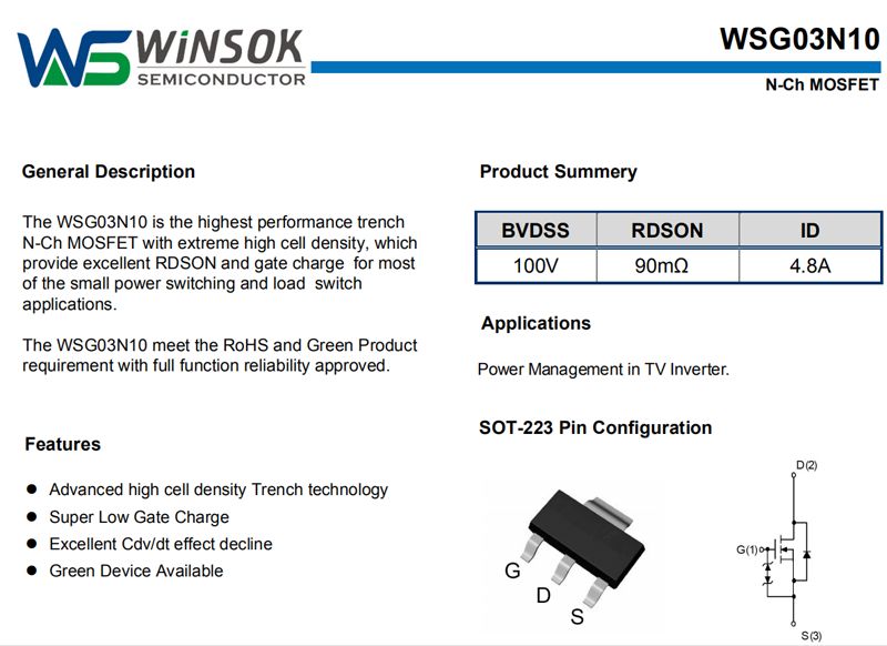 Зураг: WINSOK MOSFETWSG03N10 тодорхойлолтын хуудас